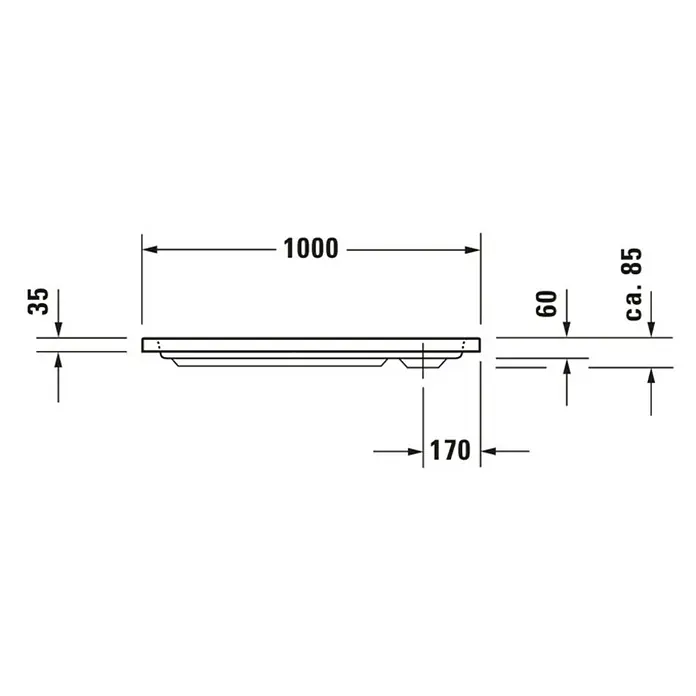 Duravit D-Code Duschwanne - L x B: 100 x 100 cm, Kunststoff, Weiß, Mit Antirutsch-Oberfläche, Quadratisch - Seitenansicht des Produkts mit Breiten-, Höhen- und Tiefenmaßen (in mm) dargestellt.