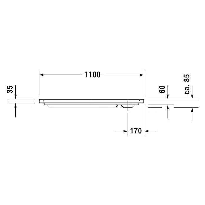 Duravit D-Code Duschwanne - L x B: 110 x 75 cm, Kunststoff, Weiß, Ohne Antirutsch-Oberfläche, Rechteckig - Eine technische Zeichnung einer Duschwanne mit den Maßen 1100 mm Länge und 35 mm Höhe. Die Tiefe beträgt 170 mm und die Gesamthöhe ca. 85 mm.