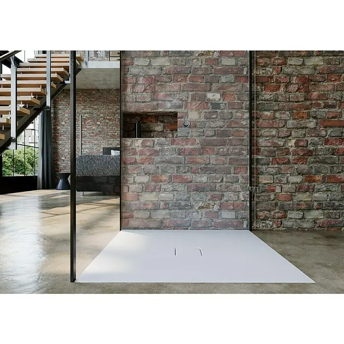 Kaldewei Duschwanne Conoflat 783-1 - L x B: 90 x 90 cm, Stahl, Weiß - Weisse Duschwanne in modernem Bad mit industriellem Backsteindesign. Die schlichte Eleganz der Duschwanne kontrastiert mit dem rustikalen Hintergrund.