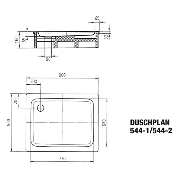 Kaldewei Duschwanne Duschplan 544-2 - L x B: 90 x 80 cm, Stahl, Weiß, Wannenträger - Abbildung des Duschplans 544-1/544-2 mit Maßen und Details zur Installation.