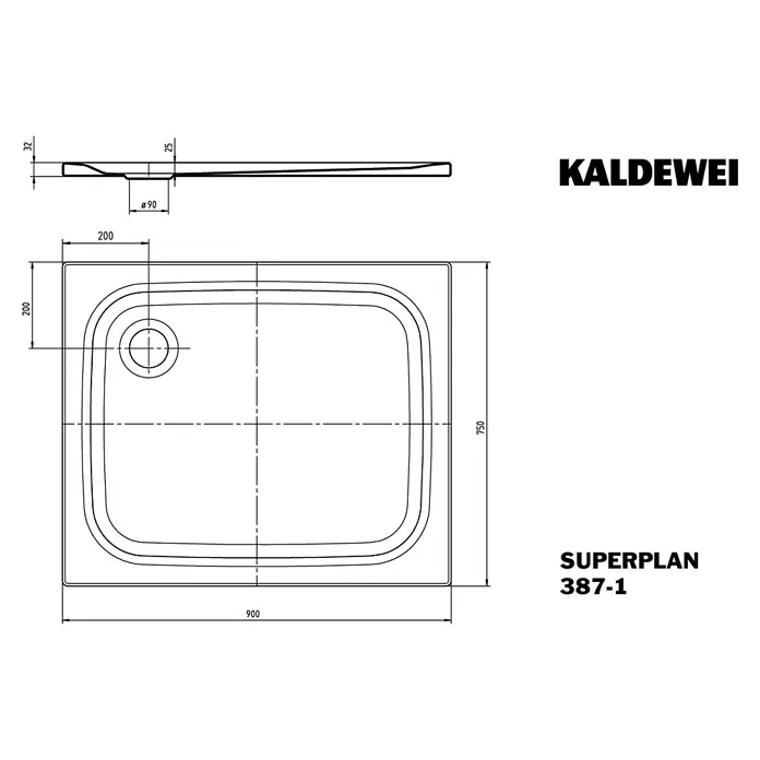 Kaldewei Duschwanne Superplan Classic 387-1 - L x B: 90 x 75 cm, Stahl, Weiß - Kaldewei Superplan 387-1 Duschwanne: Technische Zeichnung mit Maßen für Installation und Design.