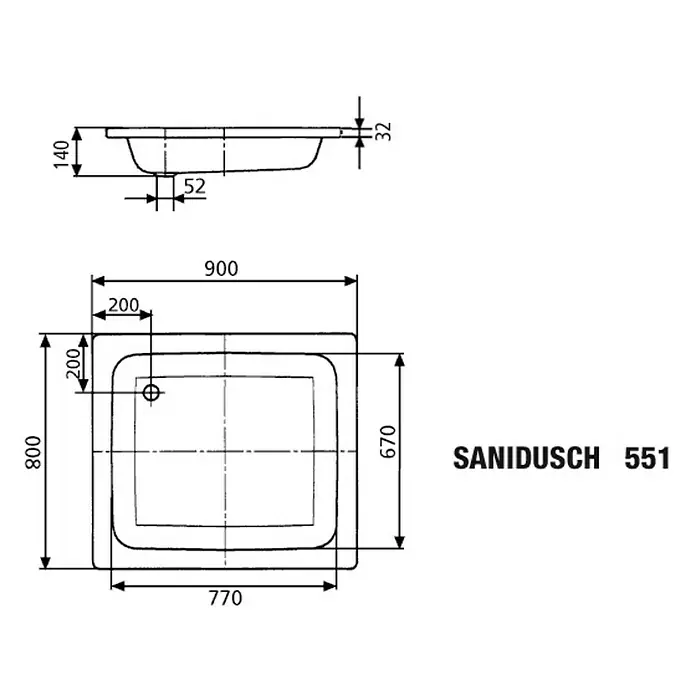 Kaldewei Duschwanne Sanidusch 551 - L x B: 90 x 80 cm, Stahl, Weiß - Technische Zeichnung der Sanidusch 551 Duschwanne mit Maßangaben für Installation und Planung.