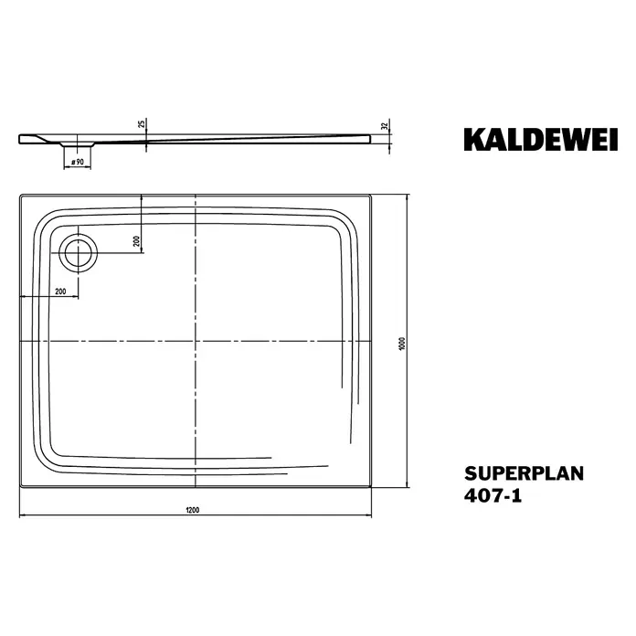 Kaldewei Duschwanne Superplan Classic 407-1 - L x B: 120 x 100 cm, Stahl, Weiß - Draufsicht und Seitenansicht einer Kaldewei Superplan 407-1 Duschwanne mit Maßangaben.