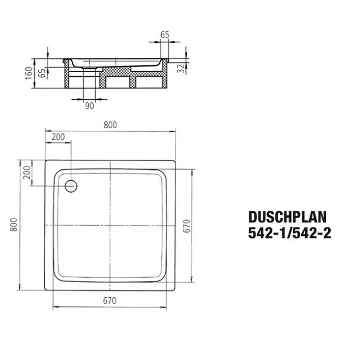 Kaldewei Duschwanne Duschplan 542-2 - L x B: 80 x 80 cm, Stahl, Weiß, Wannenträger - Abbildung der Duschwanne Duschplan 542-1/542-2 mit den Maßen 800 x 800 mm, 670 x 670 mm und einer Höhe von 160 mm.