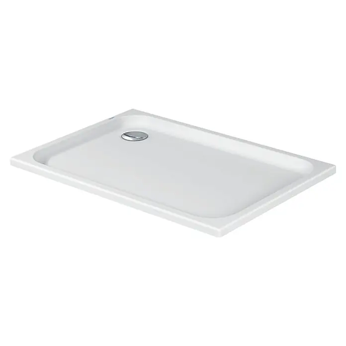 Duravit D-Code Duschwanne - L x B: 120 x 80 cm, Kunststoff, Weiß, Ohne Antirutsch-Oberfläche, Rechteckig - Elegante, rechteckige Duschwanne in strahlendem Weiß mit einem glänzenden Chromablauf für ein modernes Badezimmerdesign.