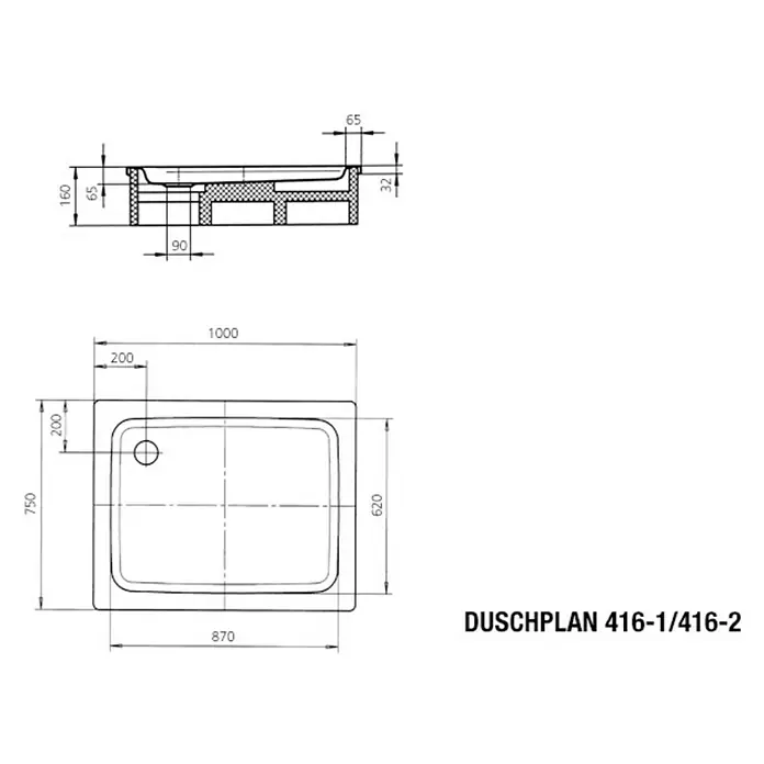 Kaldewei Duschwanne Duschplan 416-1 - L x B: 100 x 75 cm, Stahl, Weiß - Produktbild: Duschplan 416-1/416-2 mit den Maßen 1000 x 750 mm. Eine detaillierte Darstellung der Duschwanne mit allen relevanten Abmessungen.