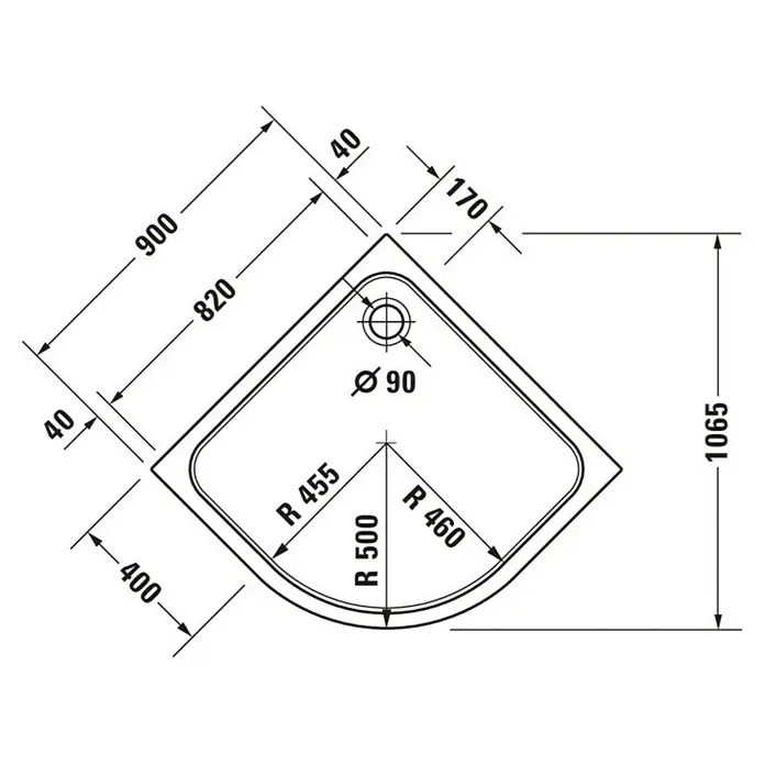Duravit D-Code Duschwanne - L x B: 90 x 90 cm, Kunststoff, Weiß, Ohne Antirutsch-Oberfläche - Technische Zeichnung einer Duschwanne mit Maßen für Installation und Design, inklusive Radien und Gesamtabmessungen.