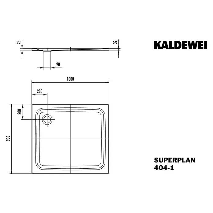 Kaldewei Duschwanne Superplan Classic 404-1 - L x B: 100 x 90 cm, Stahl, Weiß - Technische Zeichnung der Kaldewei Superplan 404-1 Duschwanne mit Abmessungen.