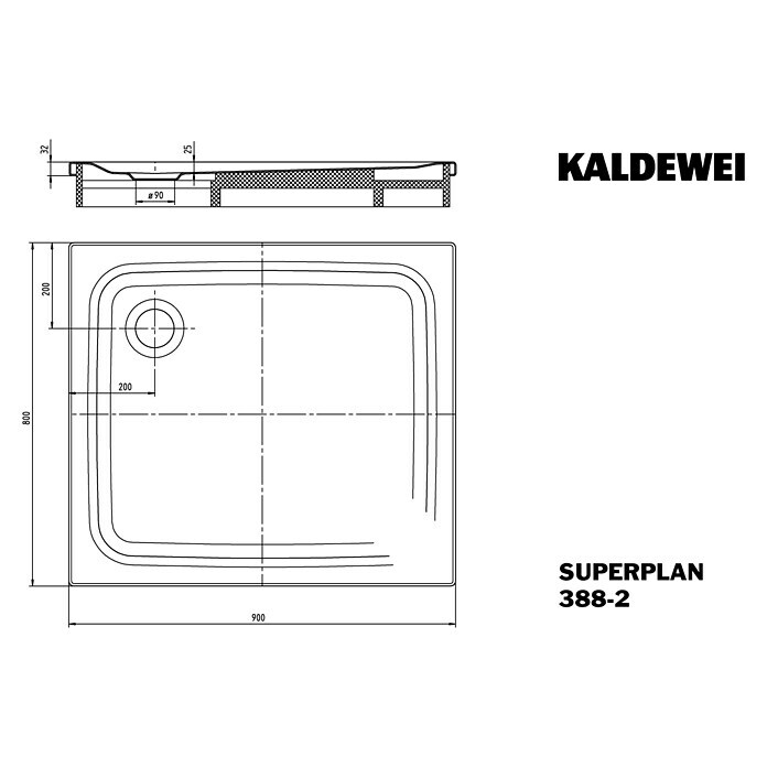 Kaldewei Duschwanne Superplan 388-2  (90 x 80 cm, Mit Styroporträger, Stahl-Email, Weiß)