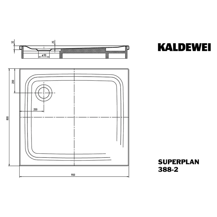 Kaldewei Duschwanne Superplan Classic 388-2 - L x B: 90 x 80 cm, Stahl, Weiß, Wannenträger - Abbildung der Kaldewei Superplan 388-2 Duschwanne mit den Maßen 900 x 800 mm und einem Ablaufdurchmesser von 90 mm zur Veranschaulichung.