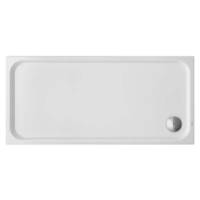 Duravit D-Code Duschwanne - L x B: 160 x 75 cm, Kunststoff, Weiß, Mit Antirutsch-Oberfläche, Rechteckig - Rechteckige Duschwanne aus weißem Acryl mit abgerundeten Ecken und einem silbernen Ablauf.