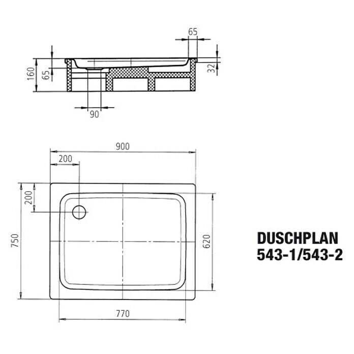 Kaldewei Duschwanne Duschplan 543-2  (90 x 75 cm, Mit Styroporträger, Stahl-Email, Weiß)