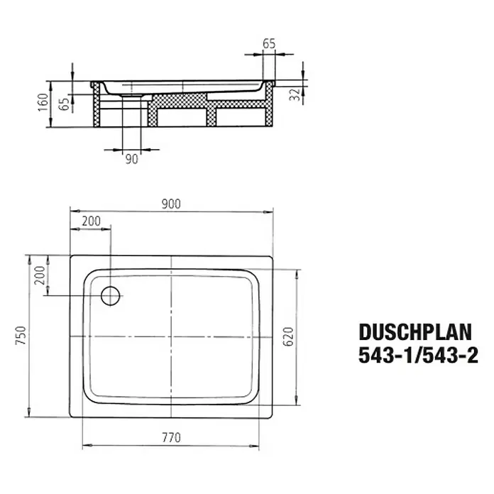 Kaldewei Duschwanne Duschplan 543-2 - L x B: 90 x 75 cm, Stahl, Weiß, Wannenträger - Technische Zeichnung einer Duschwanne Duschplan 543-1/543-2 mit Maßen. Ideal für Badplanung und Installation.