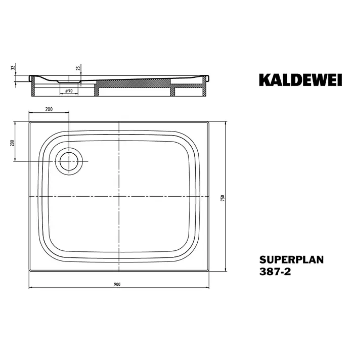 Kaldewei Duschwanne Superplan Classic 387-2 - L x B: 90 x 75 cm, Stahl, Weiß, Wannenträger - Schematische Darstellung der Kaldewei Superplan Duschwanne 387-2, Maße 900 x 750 mm, Ablaufdurchmesser 90 mm, zur Badplanung.