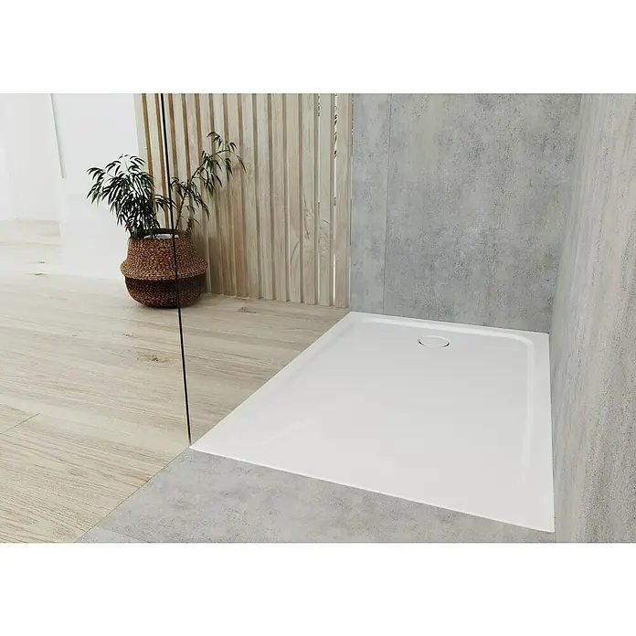 Kaldewei Duschwanne Cayonoplan 2253-1 - L x B: 75 x 90 cm, Stahl, Weiß - Bild einer modernen, weißen Duschwanne in einem stilvollen Badezimmer mit Holzboden und grauen Fliesen.