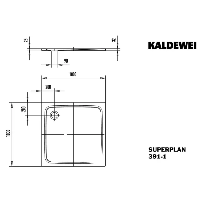 Kaldewei Duschwanne Superplan Classic 391-1 - L x B: 100 x 100 cm, Stahl, Weiß - Technische Zeichnung der Kaldewei Superplan 391-1 Duschwanne mit Abmessungen und Ansichten für Installationszwecke.