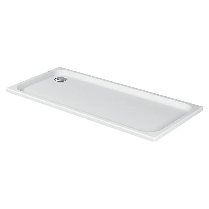 Duravit D-Code Duschwanne - L x B: 170 x 75 cm, Kunststoff, Weiß, Ohne Antirutsch-Oberfläche, Rechteckig - Eine rechteckige, weiße Duschwanne mit einem runden Abfluss in der Ecke, dargestellt vor einem schwarzen Hintergrund.