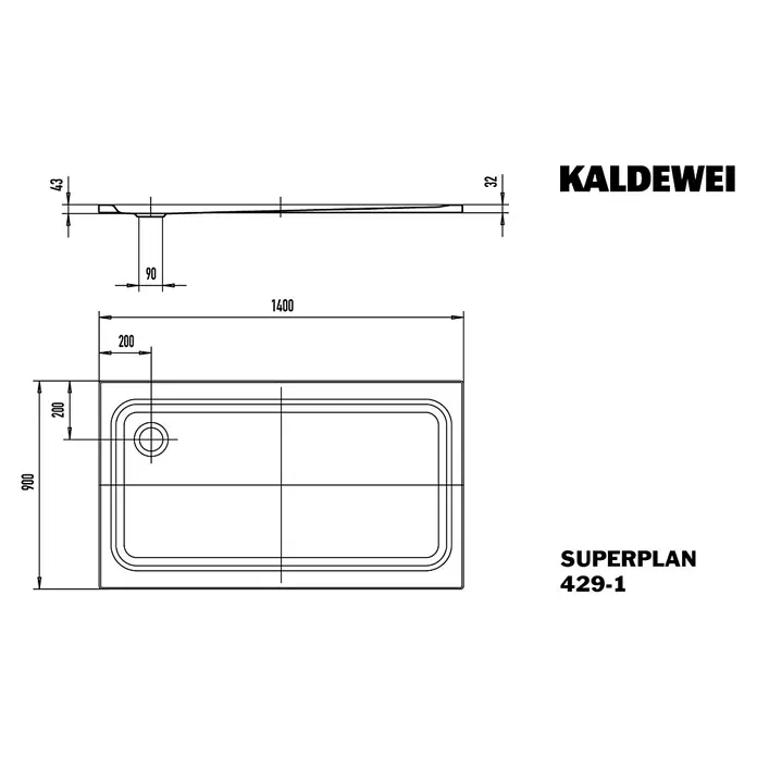Kaldewei Duschwanne Superplan Classic XXL 429-1 - L x B: 140 x 90 cm, Stahl, Weiß - Technische Zeichnung einer Kaldewei Superplan 429-1 Duschwanne mit Abmessungen und Detailansichten für die Installation.