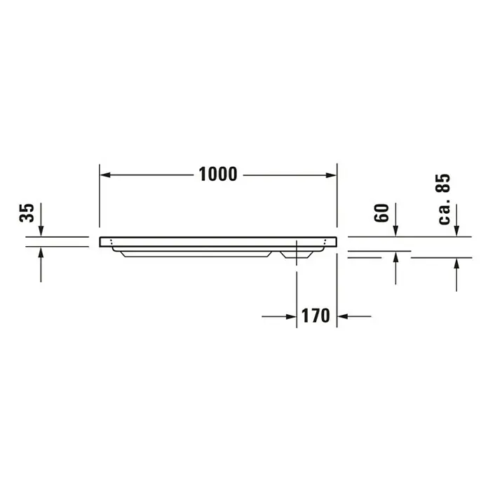 Duravit D-Code Duschwanne - L x B: 100 x 80 cm, Kunststoff, Weiß, Ohne Antirutsch-Oberfläche, Rechteckig - Technische Zeichnung einer Duschwanne mit Maßangaben. Die Duschwanne ist 1000 mm breit, 35 mm hoch und hat eine Einbautiefe von ca. 85 mm.