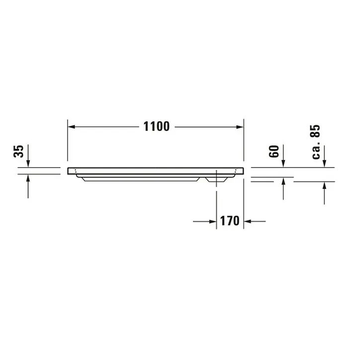 Duravit D-Code Duschwanne - L x B: 110 x 75 cm, Kunststoff, Weiß, Mit Antirutsch-Oberfläche, Rechteckig - Technische Zeichnung eines rechteckigen Duschbeckens mit den Maßen 1100 mm Länge und 35 mm Höhe, sowie Details zu Abfluss und Einbau.