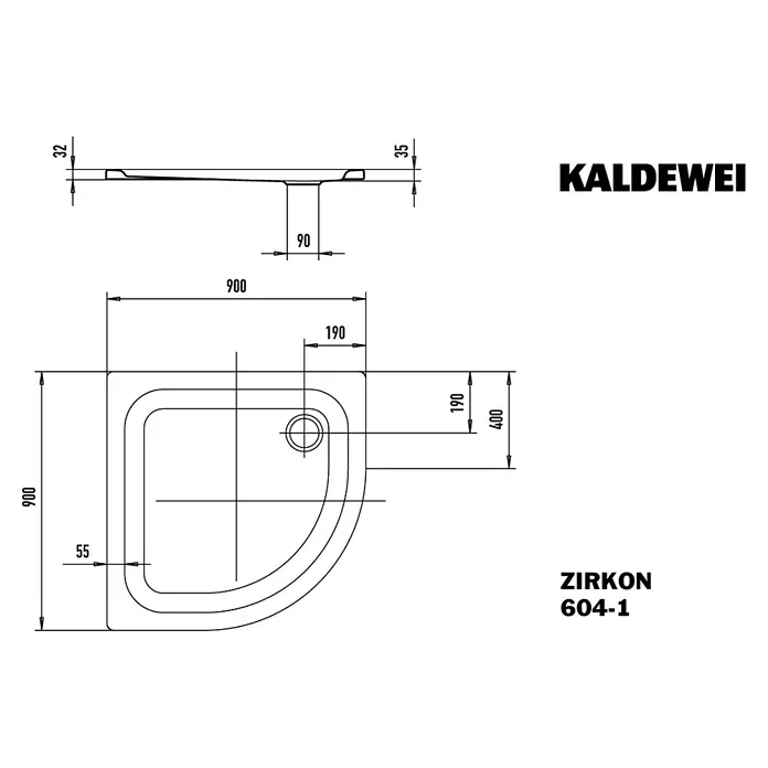Kaldewei Duschwanne Zirkon 604-1 - L x B x H: 90 x 90 x 13 cm, Stahl, Weiß - Abbildung einer Kaldewei Zirkon 604-1 Duschwanne mit Maßangaben, inklusive Seiten- und Draufsicht.