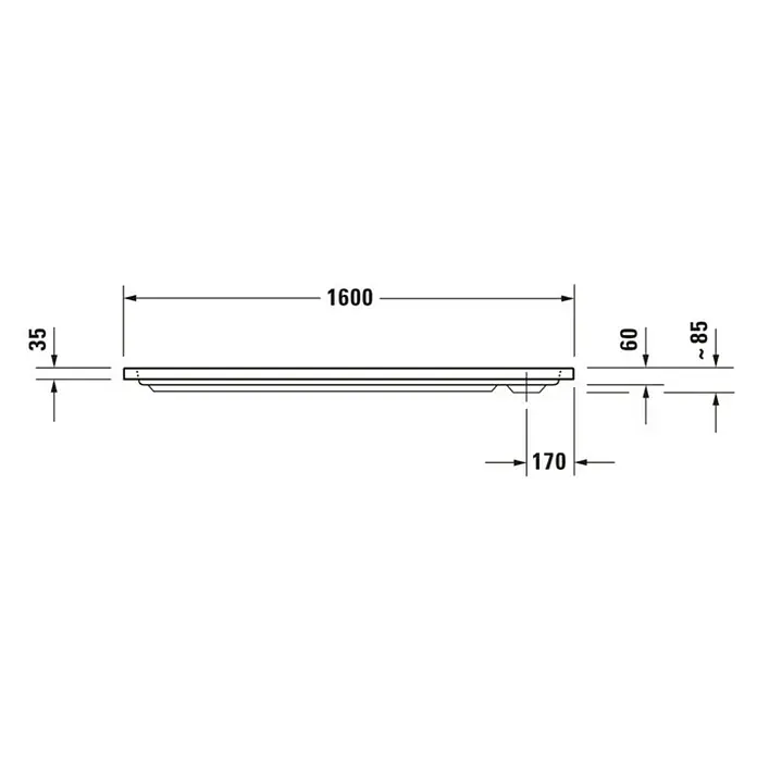 Duravit D-Code Duschwanne - L x B: 160 x 70 cm, Kunststoff, Weiß, Mit Antirutsch-Oberfläche, Rechteckig - Technische Zeichnung eines Produkts mit Maßangaben. Die Gesamtlänge beträgt 1600 mm, die Höhe variiert zwischen 35 mm und 85 mm.