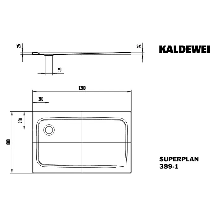 Kaldewei Duschwanne Superplan Classic 389-1 - L x B: 120 x 80 cm, Stahl, Weiß - Eine technische Zeichnung der Kaldewei Superplan 389-1 Duschwanne mit Maßangaben zu den Abmessungen.