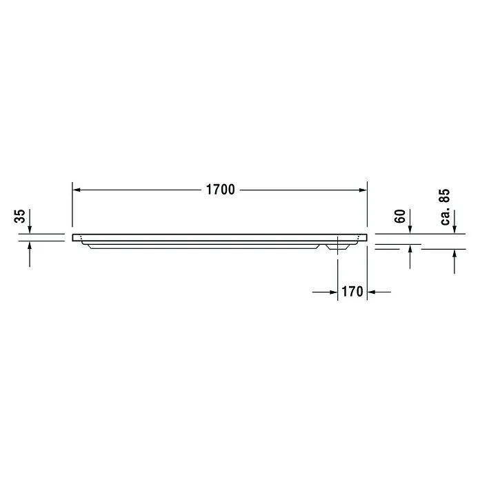 Duravit D-Code Duschwanne - L x B: 170 x 75 cm, Kunststoff, Weiß, Mit Antirutsch-Oberfläche, Rechteckig - Technische Zeichnung eines Produkts mit den Maßen 1700 mm Länge, 35 mm Höhe links und 60/ca. 85 mm rechts.