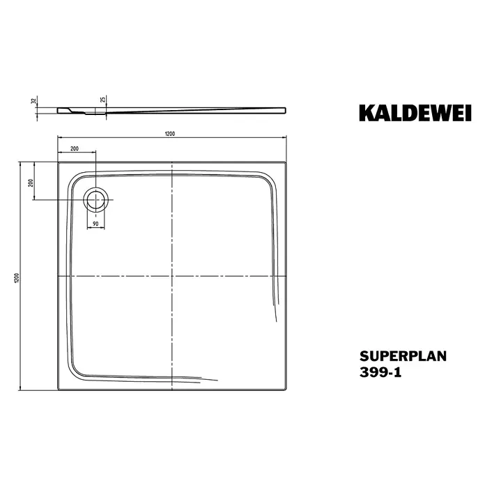 Kaldewei Duschwanne Superplan Classic 399-1 - L x B: 120 x 120 cm, Stahl, Weiß - Technische Zeichnung der Kaldewei Superplan 399-1 Duschwanne mit Maßen und Detailansichten für Installationszwecke.