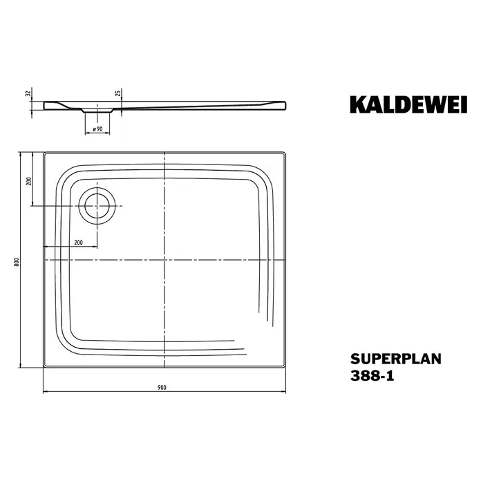 Kaldewei Duschwanne Superplan Classic 388-1 - L x B: 90 x 80 cm, Stahl, Weiß - Schema der Kaldewei Superplan Duschwanne 388-1. Die Duschwanne ist rechteckig und hat einen Durchmesser von 90mm. Die Maße sind 900x800 mm.