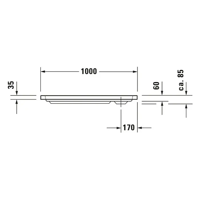 Duravit D-Code Duschwanne - L x B: 100 x 70 cm, Kunststoff, Weiß, Ohne Antirutsch-Oberfläche, Rechteckig - Eine technische Zeichnung eines Produkts mit Abmessungen: 1000 mm Länge, 35 mm Höhe, 170 mm Tiefe und 60 mm/ca. 85 mm an einer Seite.