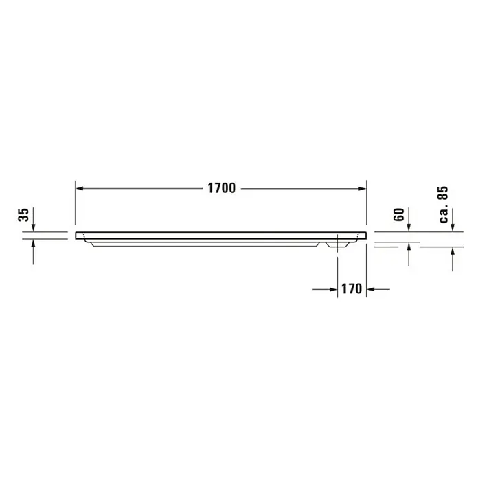 Duravit D-Code Duschwanne - L x B: 170 x 70 cm, Kunststoff, Weiß, Ohne Antirutsch-Oberfläche, Rechteckig - Produktzeichnung mit Maßen: Länge 1700, Höhe 35, Tiefe 170 und weitere Details für eine detaillierte Produktansicht.
