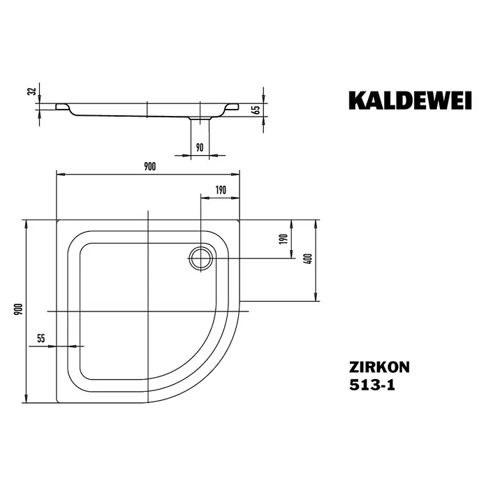 Kaldewei Duschwanne Zirkon 513-1 - L x B x H: 90 x 90 x 16 cm, Stahl, Weiß - Technische Zeichnung des Kaldewei Zirkon 513-1 Duschbeckens mit Maßen.