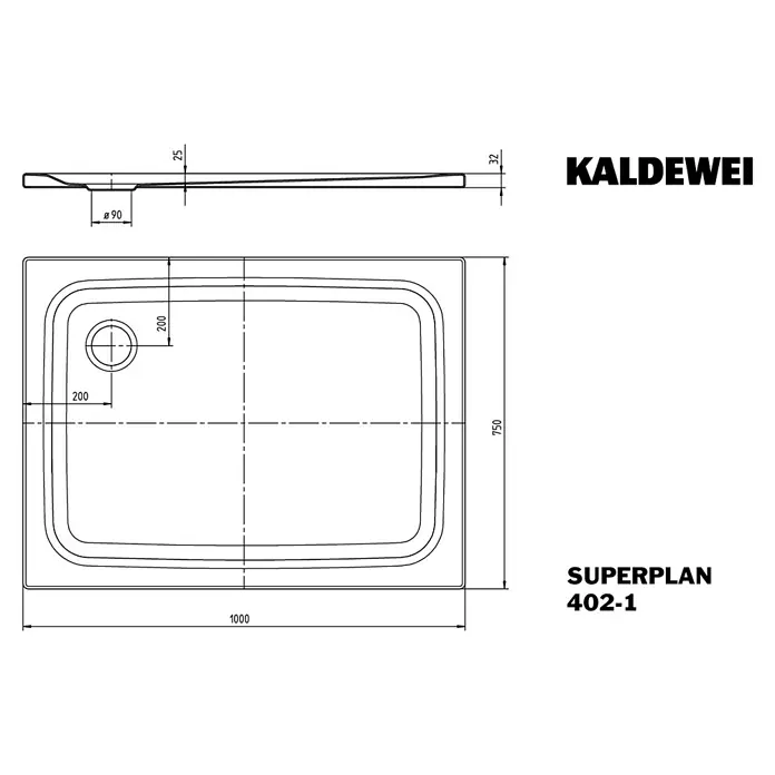 Kaldewei Duschwanne Superplan Classic 402-1 - L x B: 100 x 75 cm, Stahl, Weiß - Technische Zeichnung der Kaldewei Superplan 402-1 Duschwanne mit Abmessungen und Detailansichten für Installationszwecke.