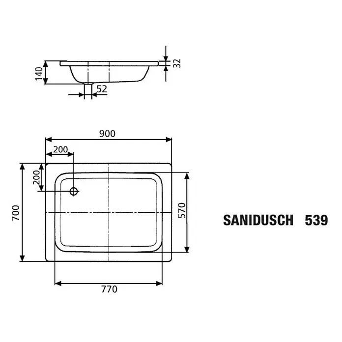 Kaldewei Duschwanne Sanidusch 539 - L x B: 90 x 70 cm, Stahl, Weiß - Sanidusch 539 Duschwanne: Eine schematische Darstellung der Duschwanne mit Abmessungen und Details für eine klare Produktübersicht.