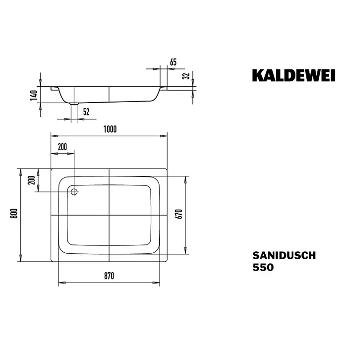 Kaldewei Duschwanne Sanidusch 550 - L x B: 100 x 80 cm, Stahl, Weiß - Produktabbildung: Kaldewei Sanidusch 550 Duschwanne, technische Zeichnung mit Abmessungen für Installationsdetails.