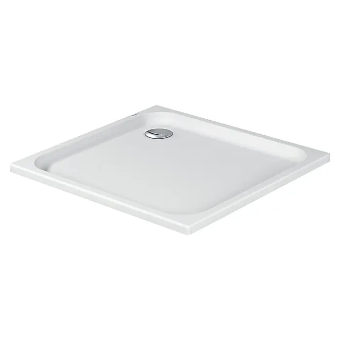 Duravit D-Code Duschwanne - L x B: 100 x 90 cm, Kunststoff, Weiß, Ohne Antirutsch-Oberfläche, Rechteckig - Bild einer Duravit Duschwanne aus Sanitäracryl in Weiß mit einem verchromten Ablauf. Die Duschwanne hat eine quadratische Form und ein schlichtes Design.