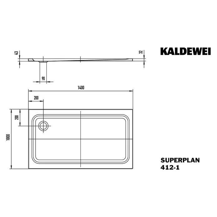 Kaldewei Duschwanne Superplan Classic XXL 412-1 - L x B: 140 x 100 cm, Stahl, Weiß - Produktbild: Technische Zeichnung der Kaldewei Superplan Duschwanne mit Abmessungen für Installation und Design Details.