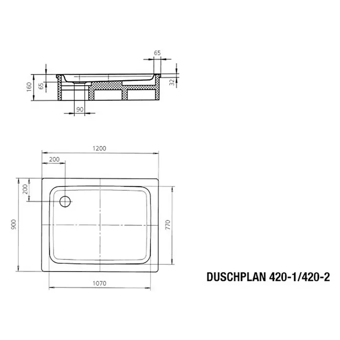 Kaldewei Duschwanne Duschplan 420-1 - L x B: 120 x 90 cm, Stahl, Weiß - Duschplan 420-1/420-2: Technische Zeichnung der Duschwanne mit Maßen für Installation und Design, zur Planung des Badezimmers.
