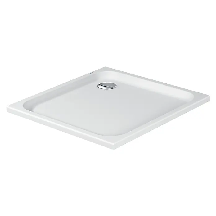 Duravit D-Code Duschwanne - L x B: 90 x 90 cm, Kunststoff, Weiß, Ohne Antirutsch-Oberfläche, Quadratisch - Hier ist ein Duschbecken aus weißem Sanitäracryl in quadratischer Form mit einem verchromten Abfluss. Es ist sehr modern und zeitlos.