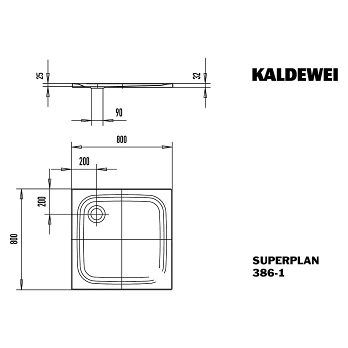 Kaldewei Duschwanne Superplan Classic 386-1 - L x B: 80 x 80 cm, Stahl, Weiß - Produktzeichnung der Kaldewei Superplan 386-1 Duschwanne mit Abmessungen und Ansichten für Installationszwecke.