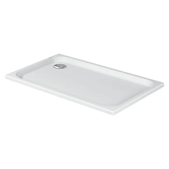 Duravit D-Code Duschwanne - L x B: 130 x 75 cm, Kunststoff, Weiß, Ohne Antirutsch-Oberfläche, Rechteckig - Eine rechteckige Duschwanne in Weiß mit einem runden Abfluss in der Ecke, ideal für moderne Badezimmer.
