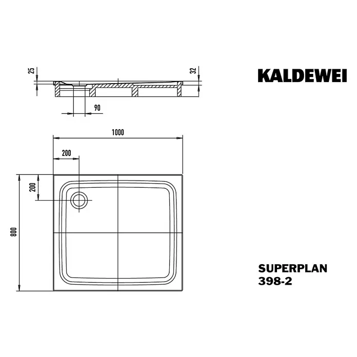 Kaldewei Duschwanne Superplan Classic 398-2 - L x B: 100 x 80 cm, Stahl, Weiß, Wannenträger - Technische Zeichnung einer Kaldewei Superplan Duschwanne 398-2, mit Maßen und Querschnitt. Ideal für Badplanung und Installation.