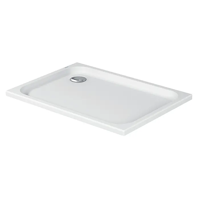 Duravit D-Code Duschwanne - L x B: 110 x 75 cm, Kunststoff, Weiß, Ohne Antirutsch-Oberfläche, Rechteckig - Ein rechteckige, weisse Duschwanne mit einem runden, verchromten Abfluss in der Mitte. Die Oberfläche ist glatt und leicht geneigt.