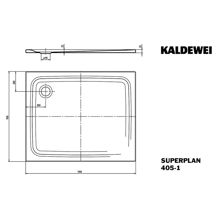 Kaldewei Duschwanne Superplan Classic 405-1 - L x B: 110 x 90 cm, Stahl, Weiß - Schema der Kaldewei Superplan 405-1 Duschwanne, Abmessungen 900 x 1100 mm, Ablauf Ø90 mm, Seitenansicht und Draufsicht.