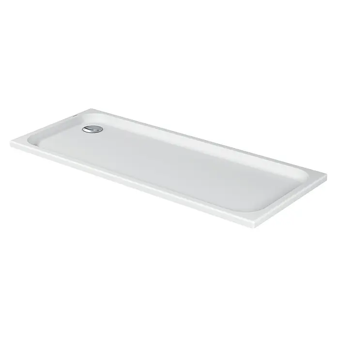 Duravit D-Code Duschwanne - L x B: 170 x 70 cm, Kunststoff, Weiß, Ohne Antirutsch-Oberfläche, Rechteckig - Abgebildet ist eine Duschtasse mit rechteckiger Form und einem eleganten, modernen Design. Das Gefäß ist aus strapazierfähigem, glänzendem Material.
