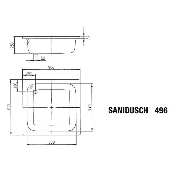 Kaldewei Duschwanne Sanidusch 496 - L x B: 90 x 90 cm, Stahl, Weiß - Technische Zeichnung des Sanidusch 496 Duschbeckens mit Seiten- und Draufsicht sowie Maßangaben.