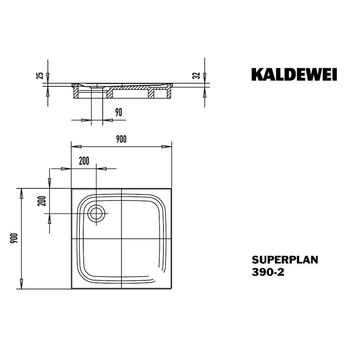 Kaldewei Duschwanne Superplan Classic 390-2 - L x B: 90 x 90 cm, Stahl, Weiß, Wannenträger - Technische Zeichnung der Kaldewei Superplan 390-2 Duschwanne mit präzisen Maßangaben für Installation und Design.