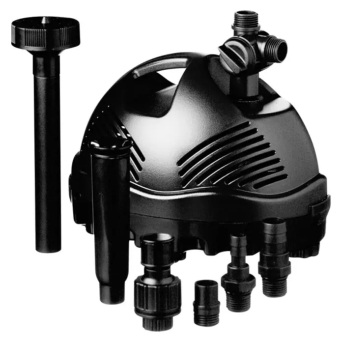 Ubbink Wasserspielpumpe Elimax 1000 - 15 W, Max. Förderhöhe: 145 cm - Schwarz-Weiß-Ansicht einer Teichpumpe mit verschiedenen Aufsätzen für Springbrunnen und Wasserspiele.