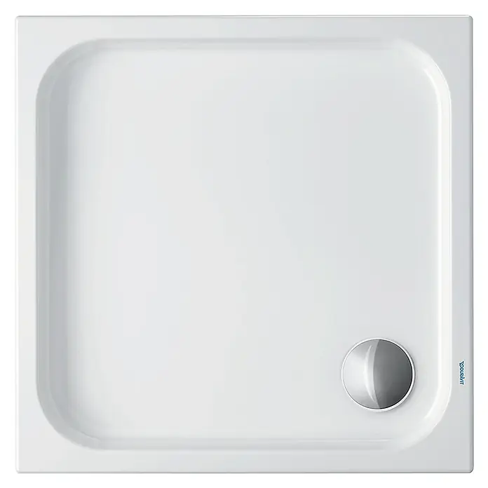 Duravit D-Code Duschwanne - L x B: 80 x 80 cm, Kunststoff, Weiß, Mit Antirutsch-Oberfläche, Quadratisch - Bild eines Duravit Duschbeckens, quadratisch, weiß, mit rundem Abfluss.